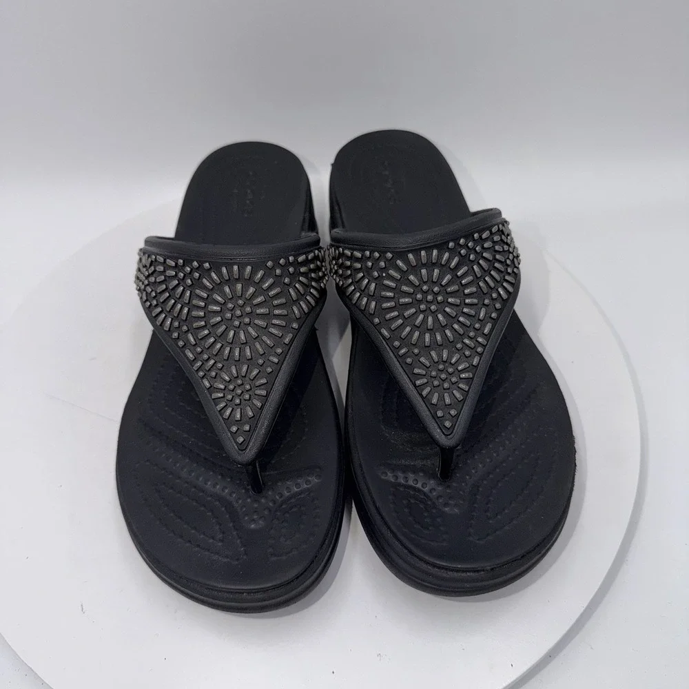 Crocs Monterey Diamante Wedge Flip Flops Black Women's Size 8 Boho Comfort